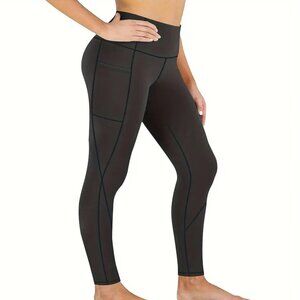Women's Solid Stretch High Waist Yoga Leggings with Pockets Black XXL